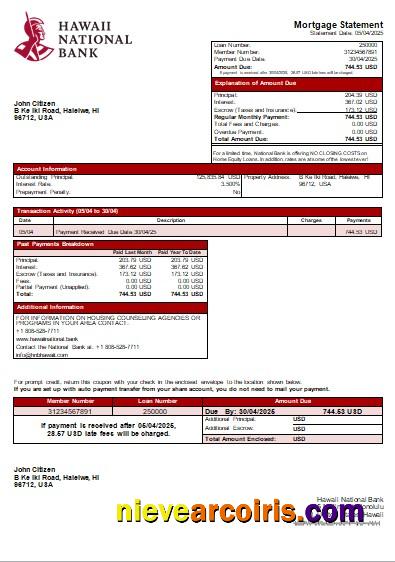 Hawaii Hawaii National Bank bank mortgage statement